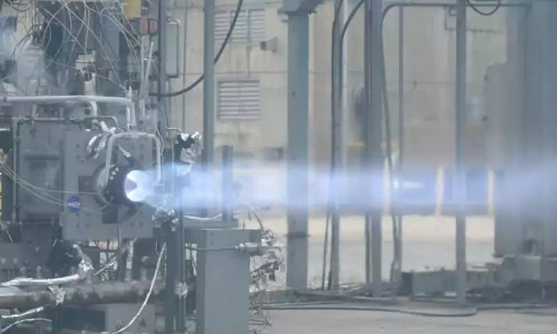 Engineers at NASA’s Marshall Space Flight Center in Huntsville, Alabama, conduct a successful, 251-second hot fire test of a full-scale Rotating Detonation Rocket Engine combustor in fall 2023, achieving more than 5,800 pounds of thrust. NASA